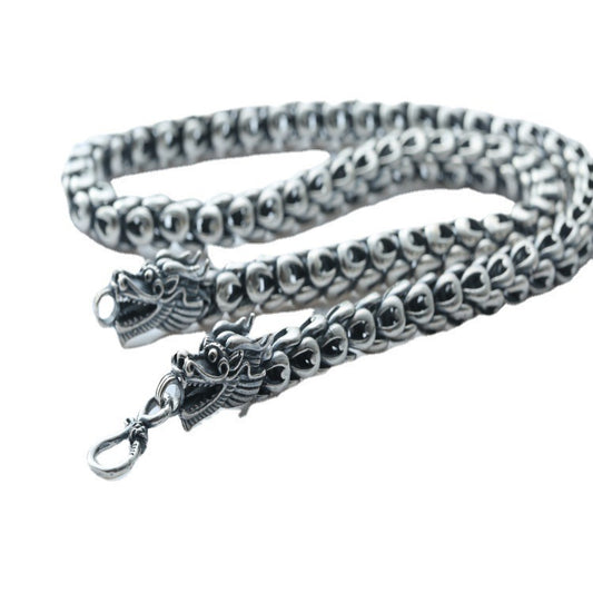 Double Chinese Dragon Heads Silver Chain