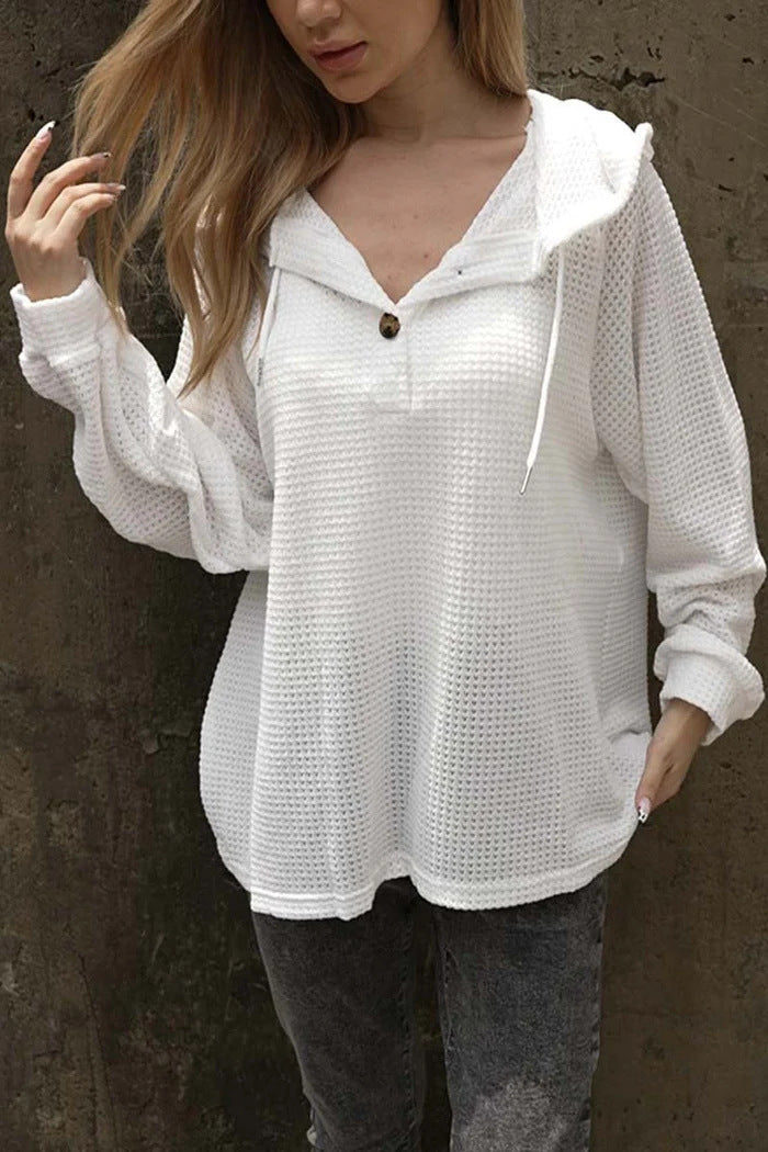 Solid Color Buttons Hoodie With Drawstrings V-neck Casual Loose Long Sleeve Sweatershirt