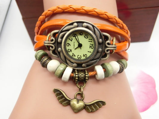 *Vintage casual flying heart pendant bracelet belt watch