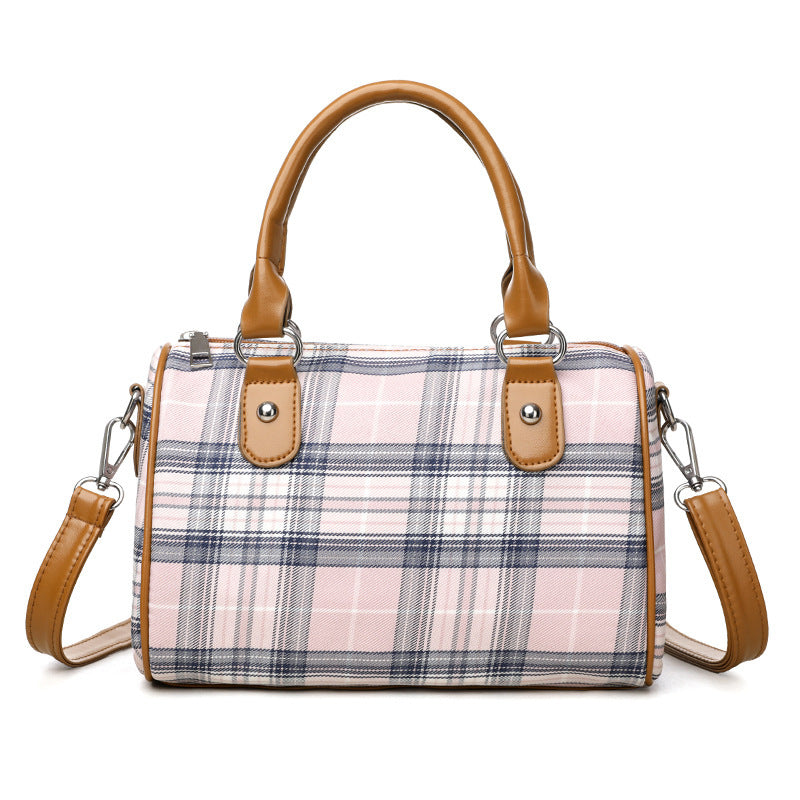 Plaid Academy Style Round Barrel Shoulder Bag - PryTheory