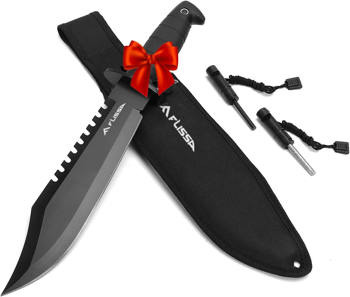 FLISSA Survival Hunting Knife with Sheath, 15-inch Full Tang Fixed Blade Tactical Bowie Knife with Sharpener & Fire Starter for Camping, Outdoor, Bushcraft