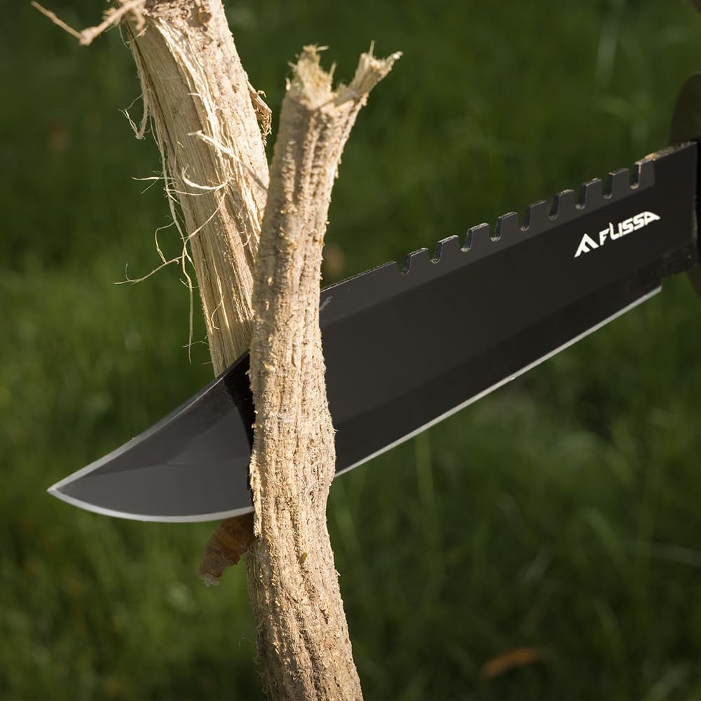 FLISSA Survival Hunting Knife with Sheath, 15-inch Full Tang Fixed Blade Tactical Bowie Knife with Sharpener & Fire Starter for Camping, Outdoor, Bushcraft