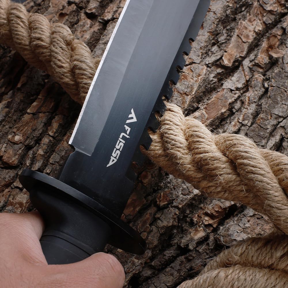 FLISSA Survival Hunting Knife with Sheath, 15-inch Full Tang Fixed Blade Tactical Bowie Knife with Sharpener & Fire Starter for Camping, Outdoor, Bushcraft