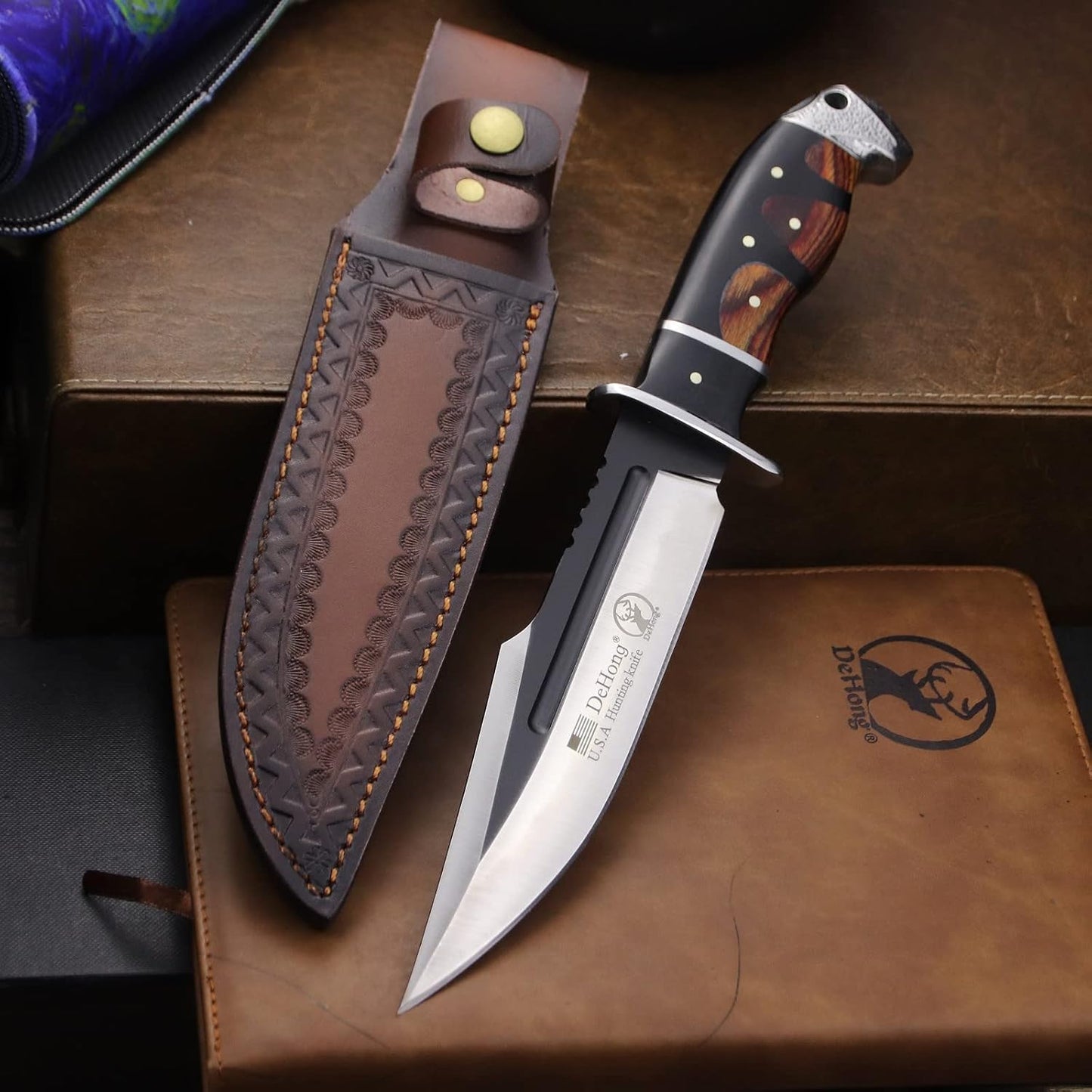 DeHong-88 Hunting Knife, 7.1" (about 18 cm) Fixed Blade Tactical knife ,Configure leather scabbard,Camping, survival, Slicing, Boning, Gift Collection