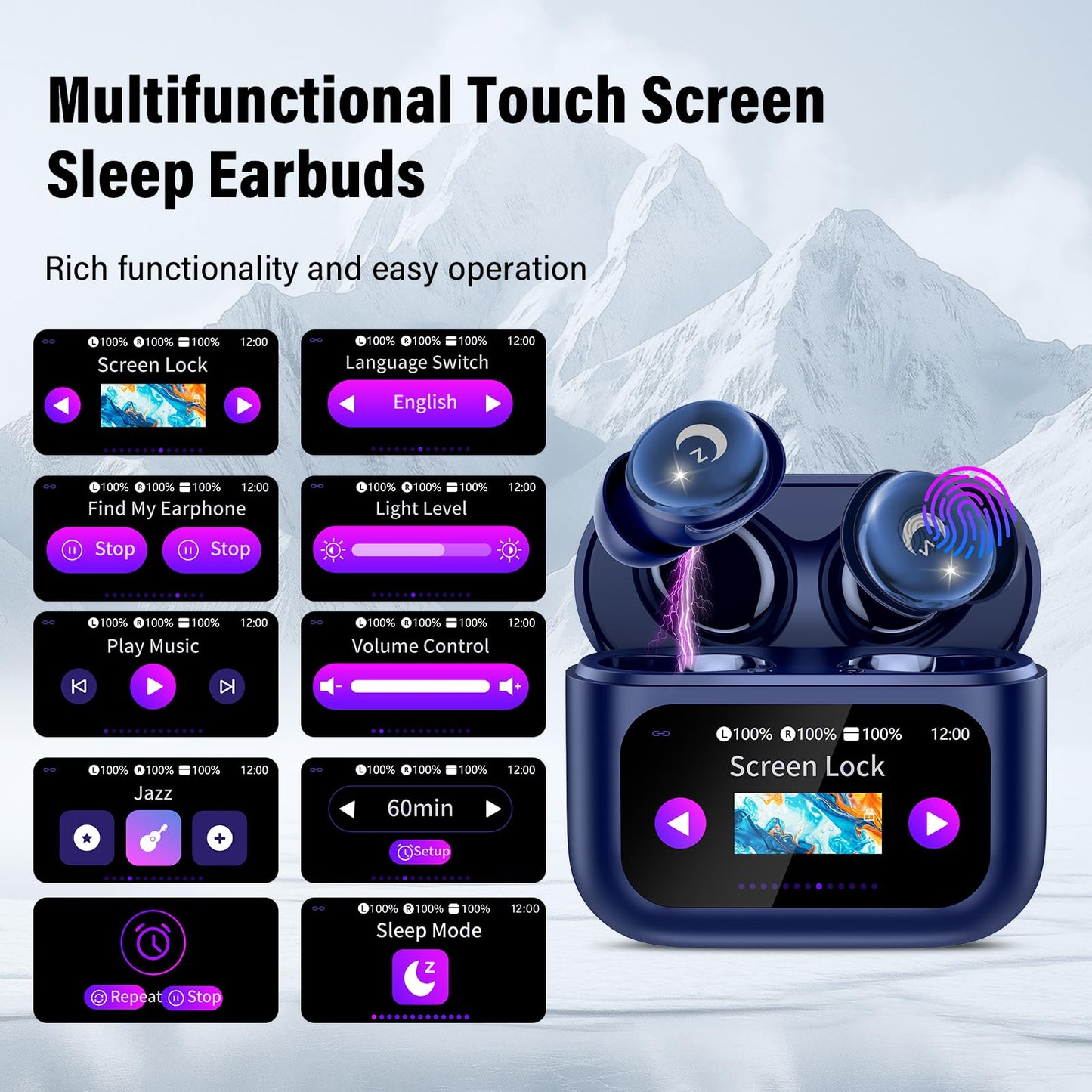 Sleep Earbuds (Bluetooth 5.4-Smart Touch Screen-48H Playtime-IPX7 Waterproof).