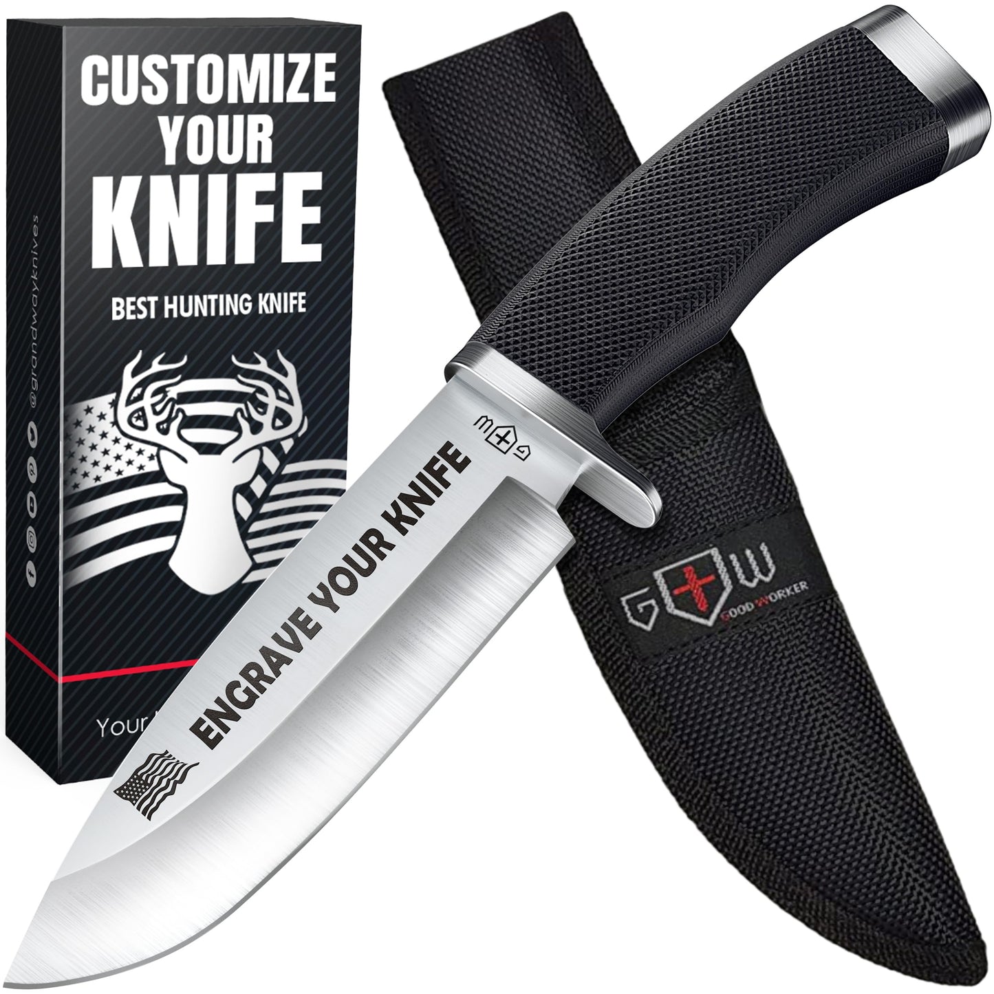 Hunting Knife with Sheath Survival Knives for Men - Best Tactical Camping Hunting Hiking Knife - Bushcraft Field Gear Accessories Tool - Fixed Blade Sharp Knofe with Rubber Handle for Men 148109