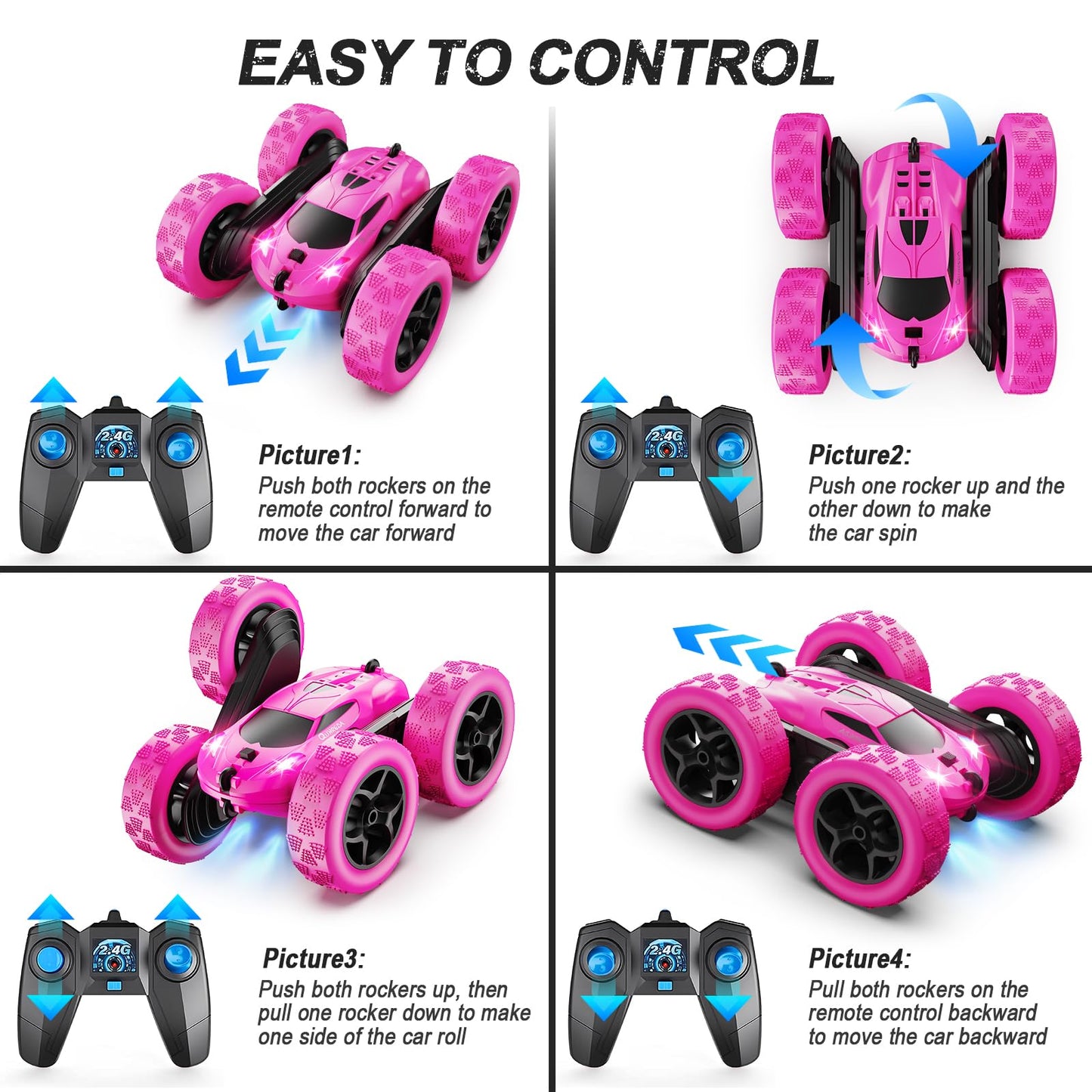 Remote Control-4WD Stunt Car with LED Lights & 360° Flips-2.4GHz-Upgraded USB-C Modular Batteries