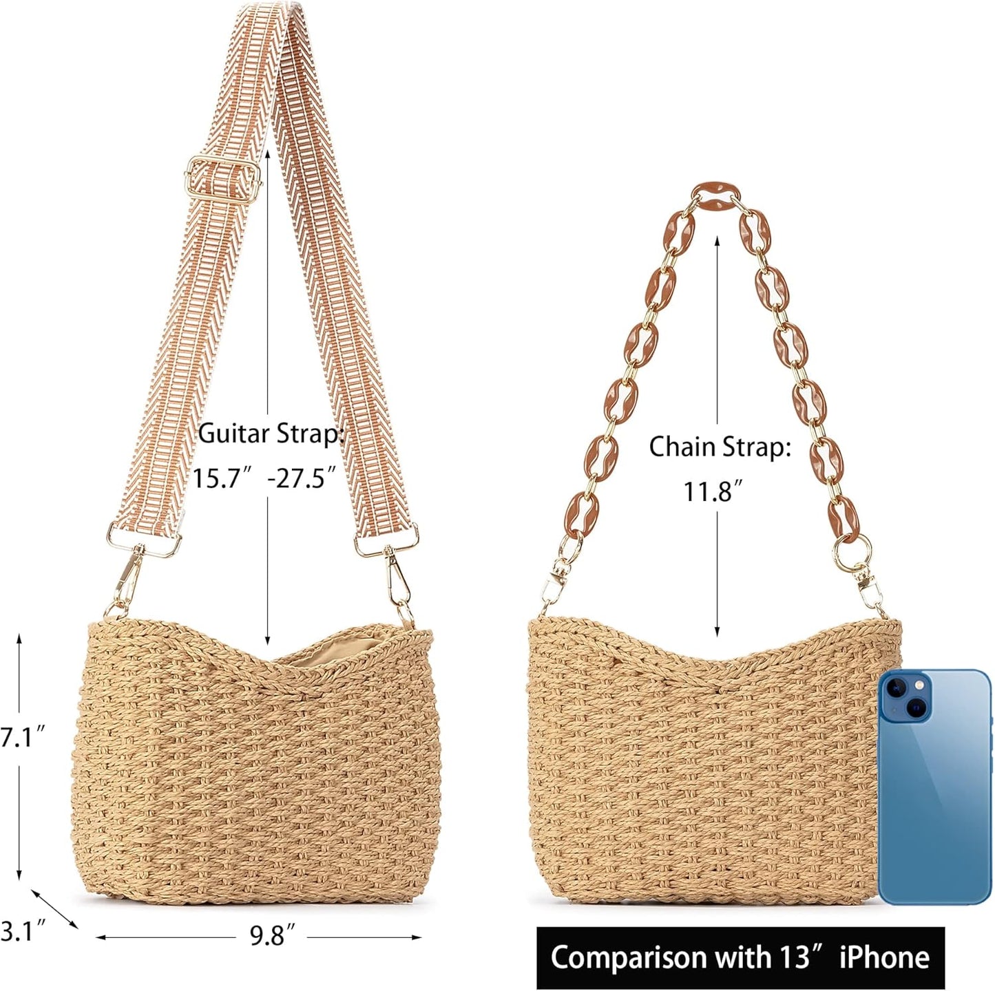 Herald Small Handmade Straw Pocketbook Crossbody Bag for Women, Summer Chic Woven Handbag Shoulder Purse with Chain - PryTheory