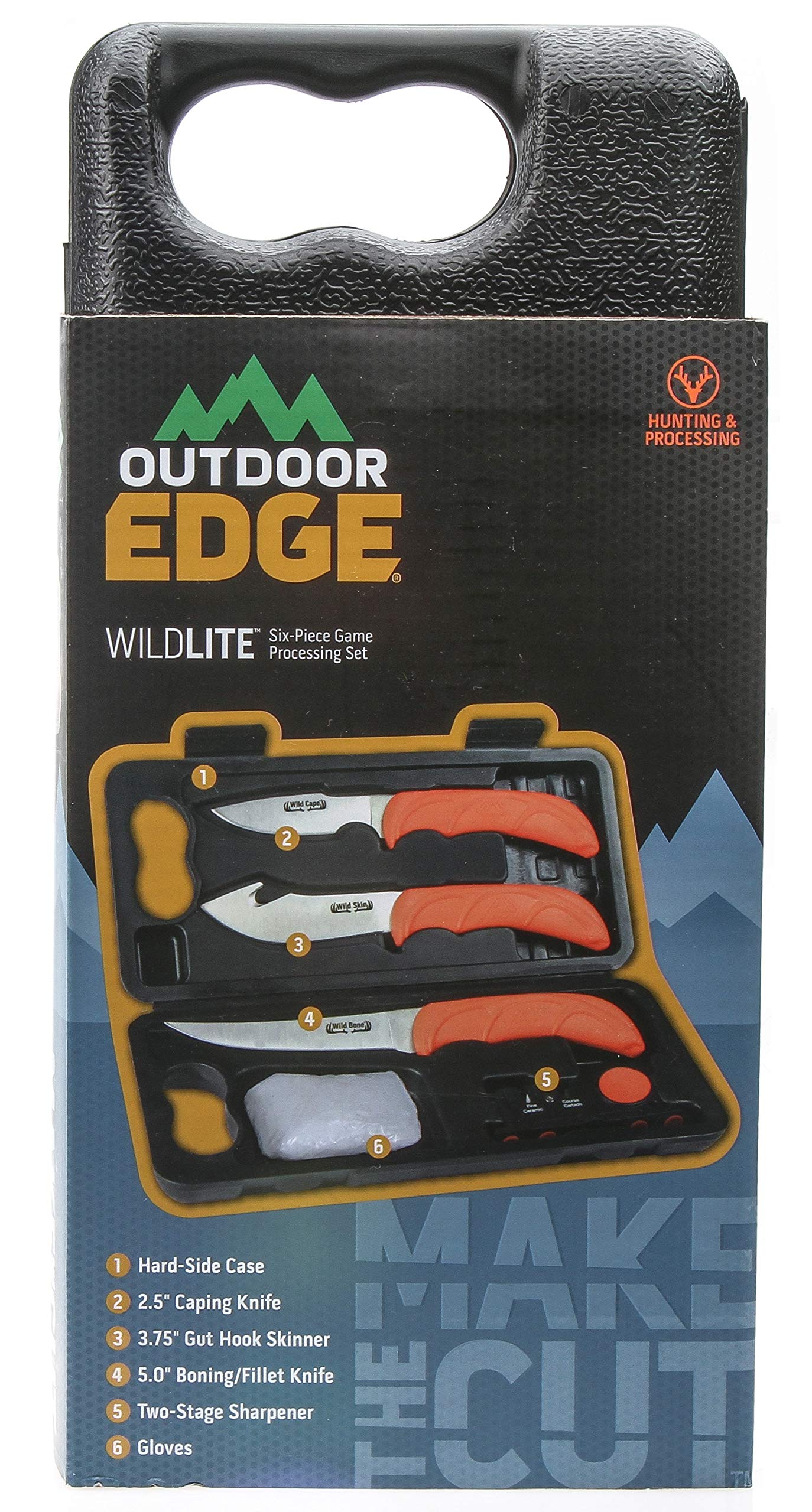 OUTDOOR EDGE WildLite - 6-Piece Field to Freezer Hunting & Game Processing Knife Set with Gut Hook Blade, Caping Knife - Hunting Knives for Gutting Deer with Case - Deer & Elk Accessories