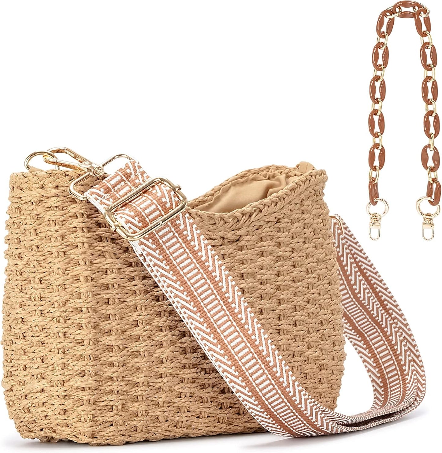 Herald Small Handmade Straw Pocketbook Crossbody Bag for Women, Summer Chic Woven Handbag Shoulder Purse with Chain - PryTheory