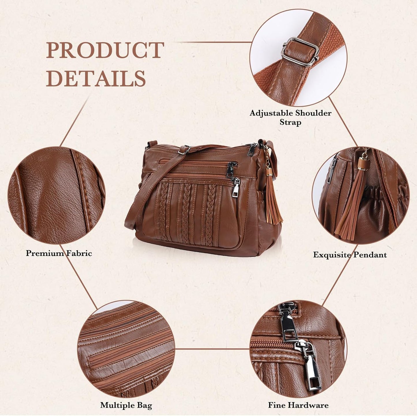 ELDA Purses for Women Pocketbooks Soft PU Leather Ladies Crossbody Purse Multi Pocket Shoulder Bag - PryTheory