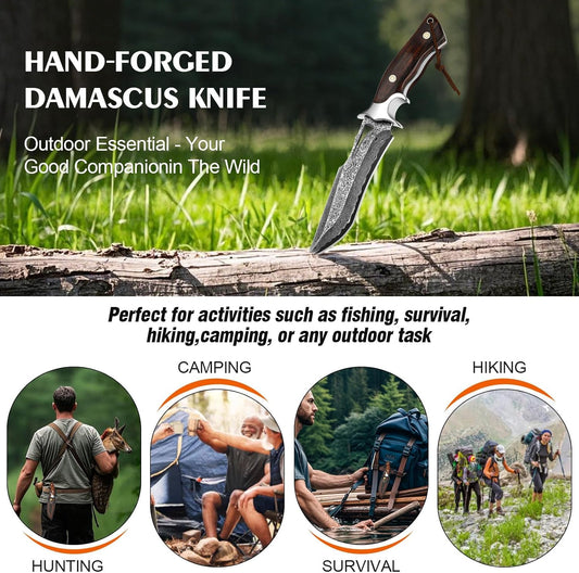 DAMASCUS KNIFE w/ LEATHER SHEATH- 10.4IN. FIXED BLADE