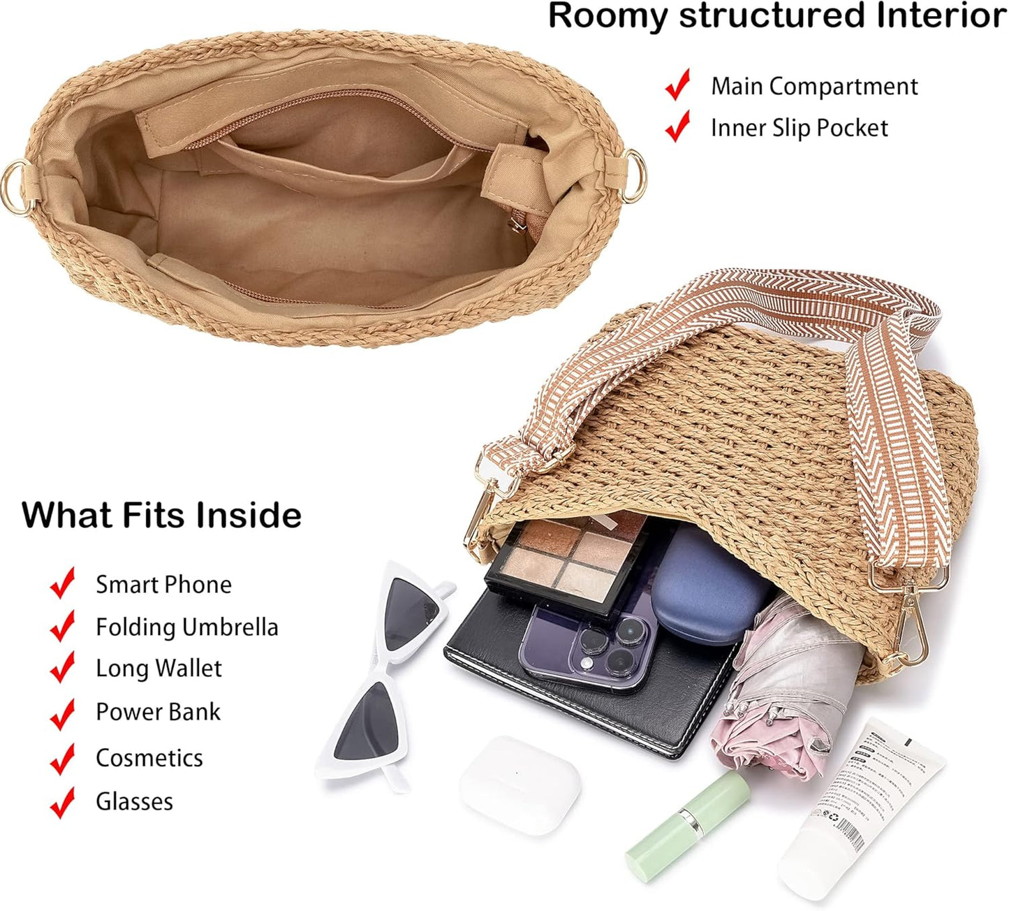 Herald Small Handmade Straw Pocketbook Crossbody Bag for Women, Summer Chic Woven Handbag Shoulder Purse with Chain - PryTheory