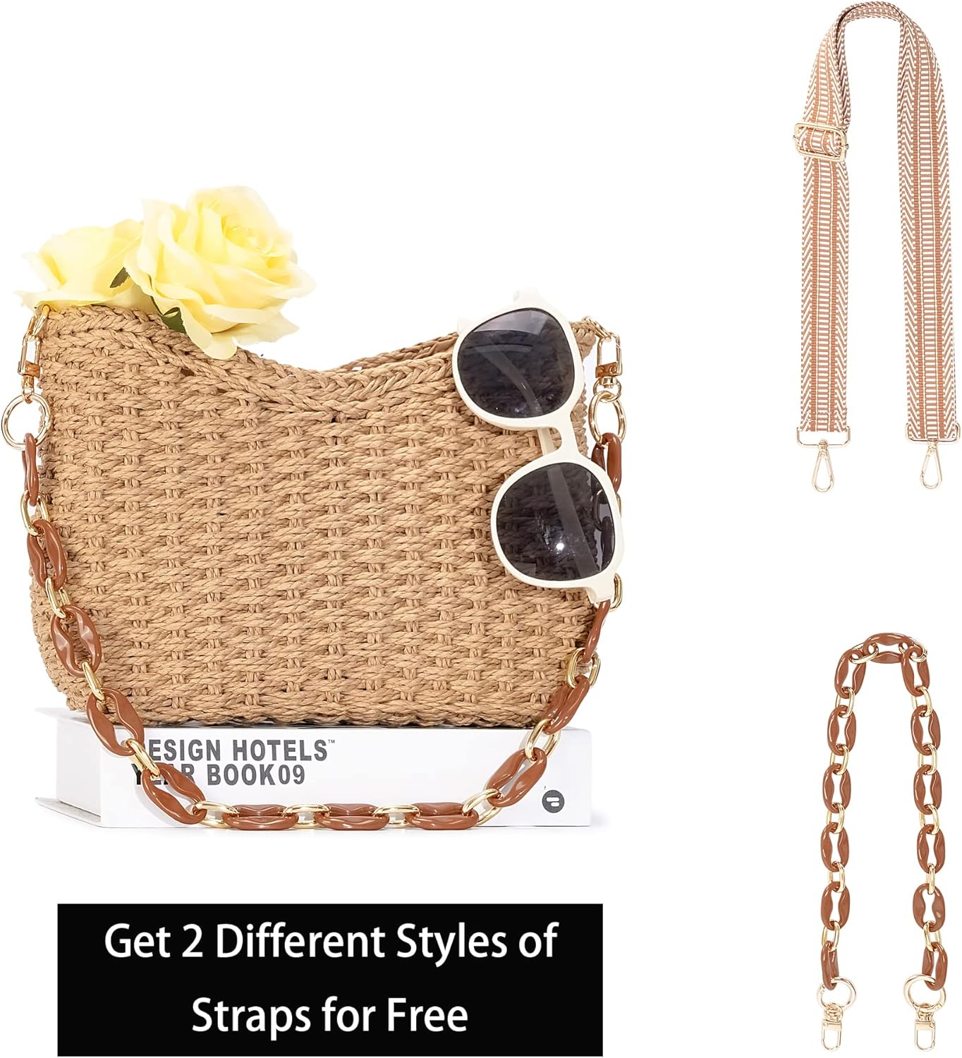 Herald Small Handmade Straw Pocketbook Crossbody Bag for Women, Summer Chic Woven Handbag Shoulder Purse with Chain - PryTheory
