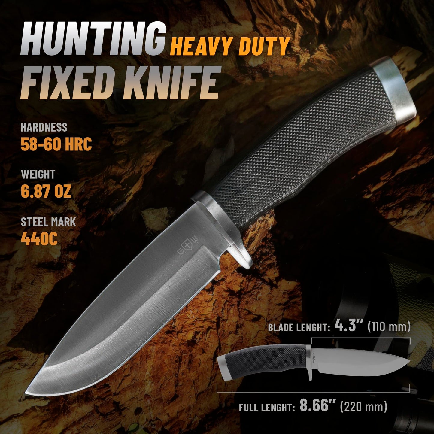 Hunting Knife with Sheath Survival Knives for Men - Best Tactical Camping Hunting Hiking Knife - Bushcraft Field Gear Accessories Tool - Fixed Blade Sharp Knofe with Rubber Handle for Men 148109