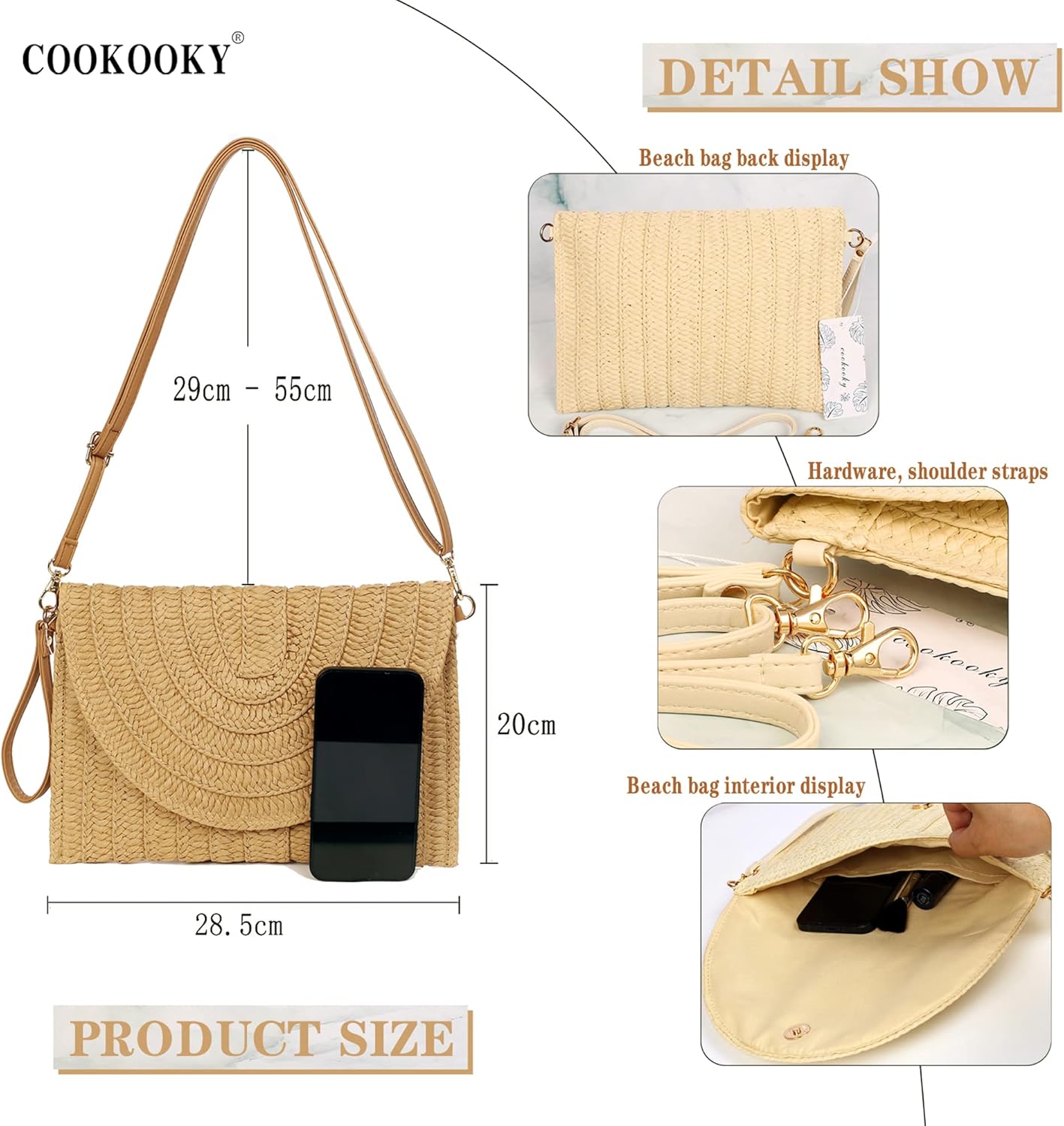 COOKOOKY Straw Clutch Handbag Summer Beach Straw Purse for Women woven Envelope Bag - PryTheory