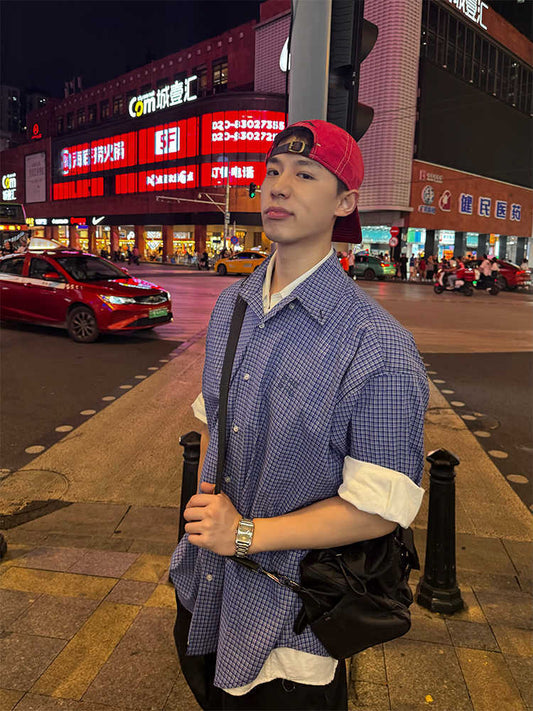 American Retro Blue Plaid Long Sleeve Shirt - PryTheory