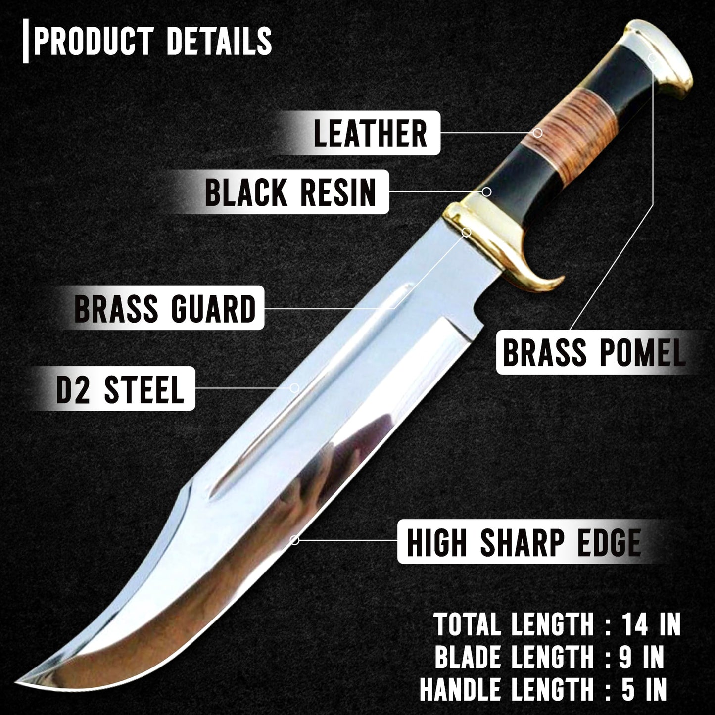 14" Crocodile Dundee Bowie Knife With Leather Sheath