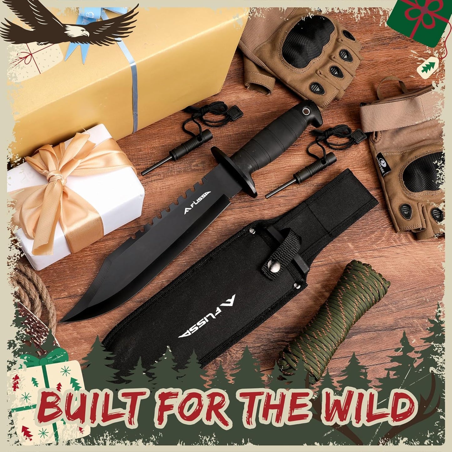 FLISSA Survival Hunting Knife with Sheath, 15-inch Full Tang Fixed Blade Tactical Bowie Knife with Sharpener & Fire Starter for Camping, Outdoor, Bushcraft