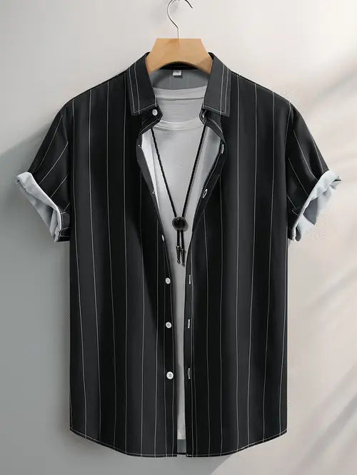 Summer Men's Fashion Trend Stripes Short Sleeve Stand Collar Shirt - PryTheory