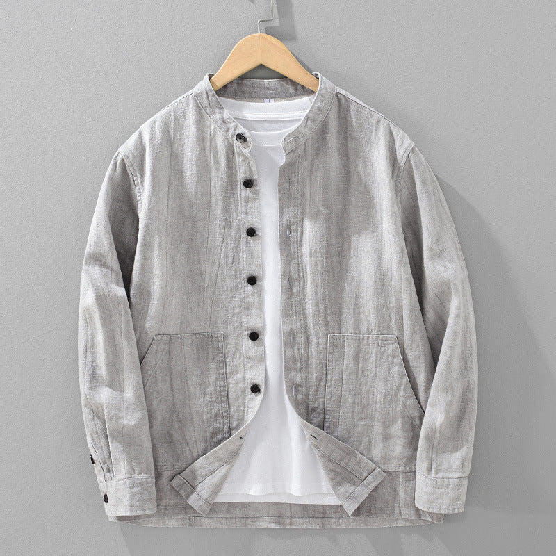 Men's Solid Color Ramie Stand Collar Retro Casual Coat Shirt - PryTheory