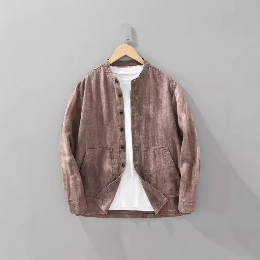 Men's Solid Color Ramie Stand Collar Retro Casual Coat Shirt - PryTheory