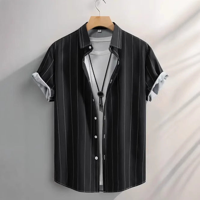 Summer Men's Fashion Trend Stripes Short Sleeve Stand Collar Shirt - PryTheory