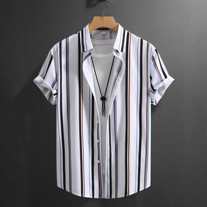 Summer Men's Fashion Trend Stripes Short Sleeve Stand Collar Shirt - PryTheory