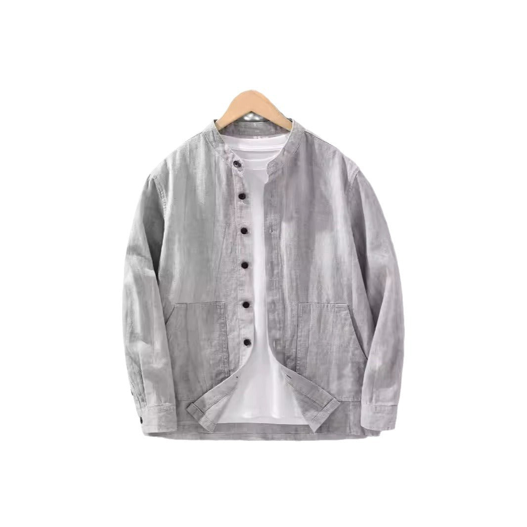 Men's Solid Color Ramie Stand Collar Retro Casual Coat Shirt - PryTheory