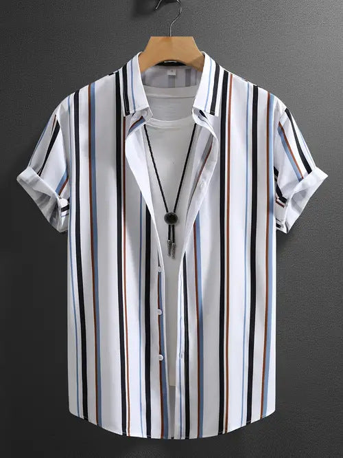 Summer Men's Fashion Trend Stripes Short Sleeve Stand Collar Shirt - PryTheory