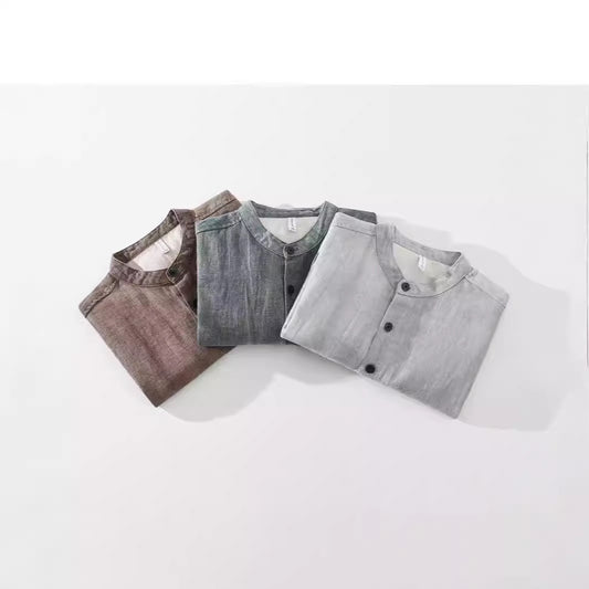 Men's Solid Color Ramie Stand Collar Retro Casual Coat Shirt - PryTheory