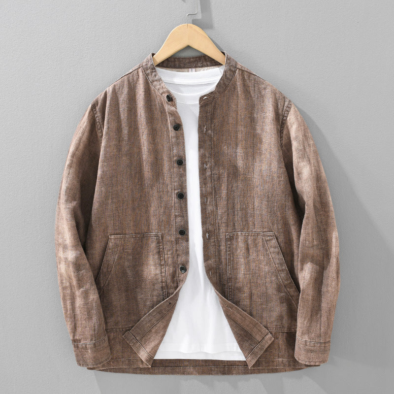 Men's Solid Color Ramie Stand Collar Retro Casual Coat Shirt - PryTheory