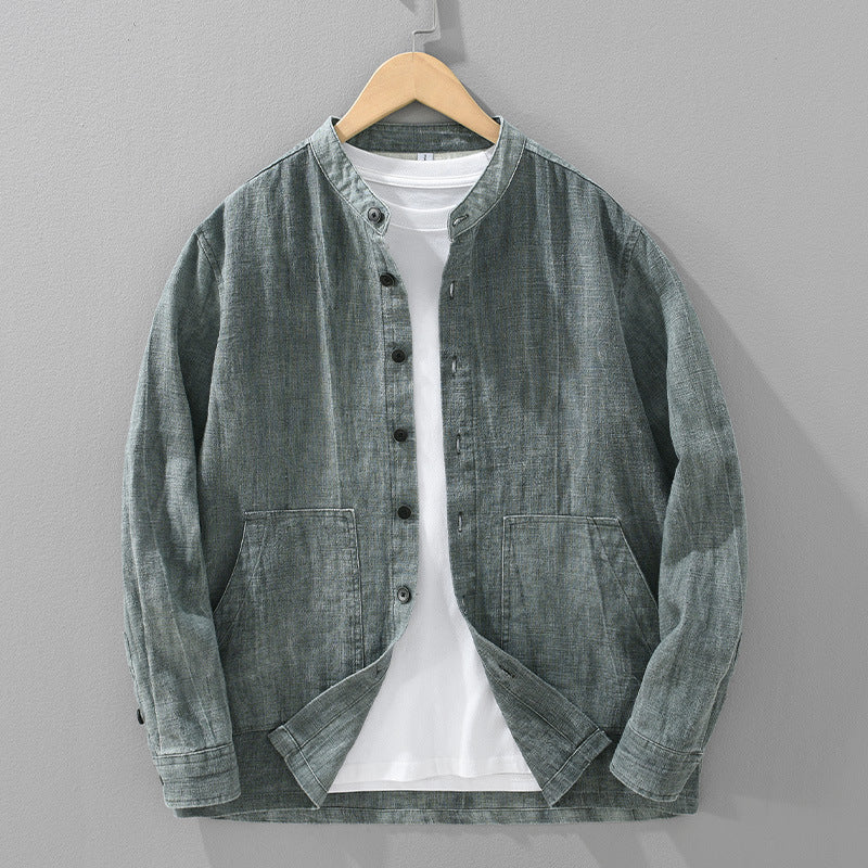 Men's Solid Color Ramie Stand Collar Retro Casual Coat Shirt - PryTheory