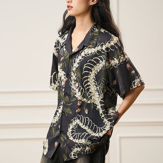 Original Designer Snake Bone Theme Pattern Printed Short Sleeve Cuban Collar Shirt - PryTheory