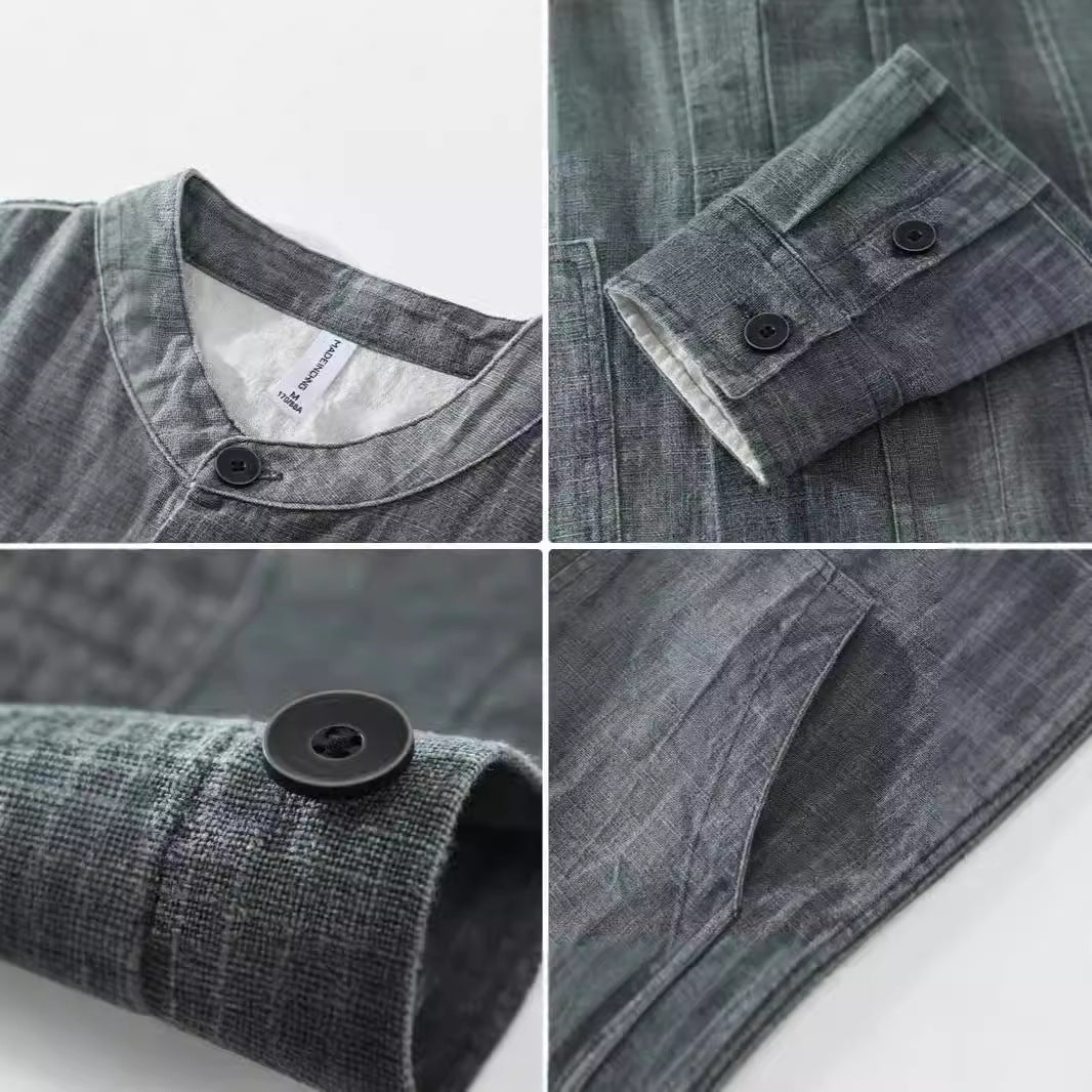 Men's Solid Color Ramie Stand Collar Retro Casual Coat Shirt - PryTheory