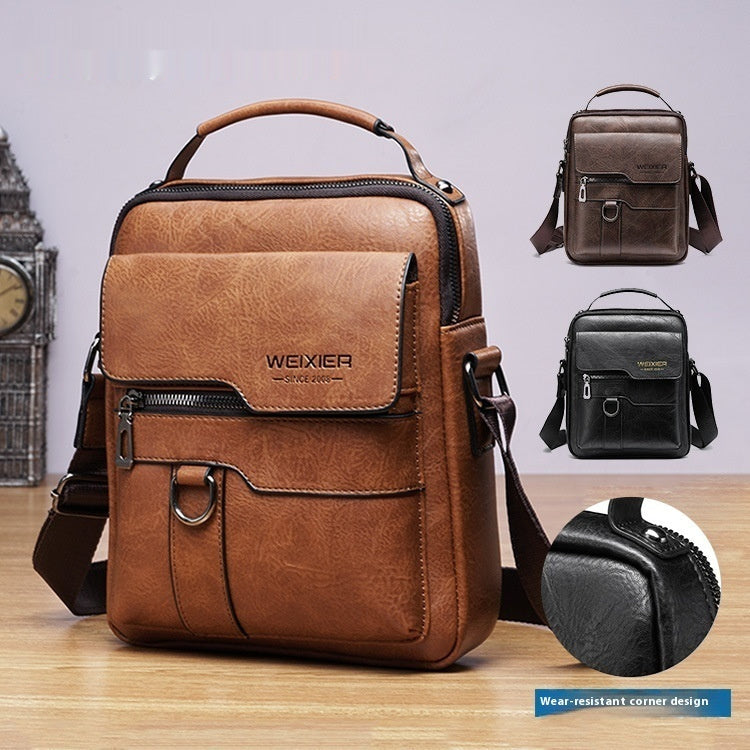 Popular Men's Messenger Bag One Shoulder Retro Business Backpack PU Leather Flaps Crossbody Bags Business Flap Male Solid Travel Bag - PryTheory