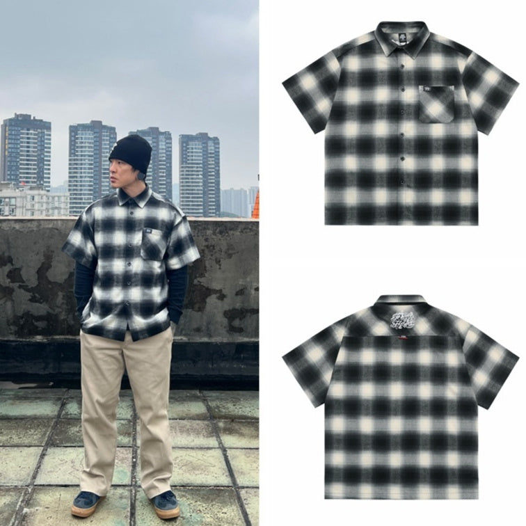 Large Plaid Classic Pocket Half Sleeve Cardigan Short Sleeve Shirt - PryTheory