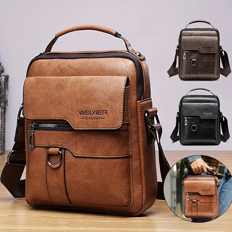 Popular Men's Messenger Bag One Shoulder Retro Business Backpack PU Leather Flaps Crossbody Bags Business Flap Male Solid Travel Bag - PryTheory