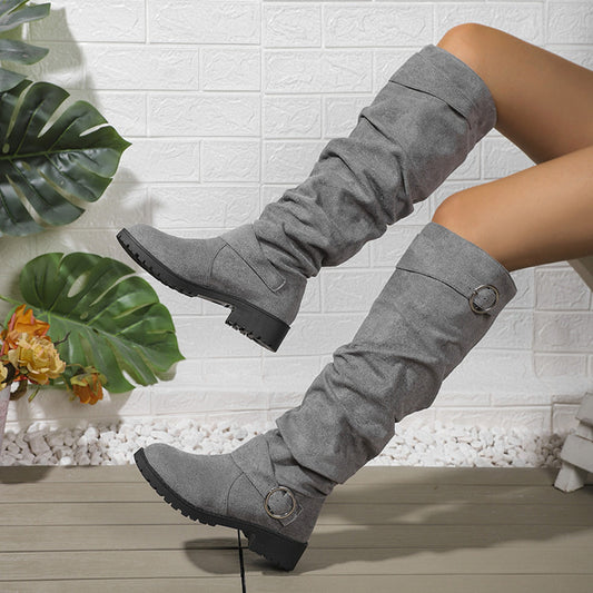 Winter Pleated Buckle High-top Large Size Riding Boots