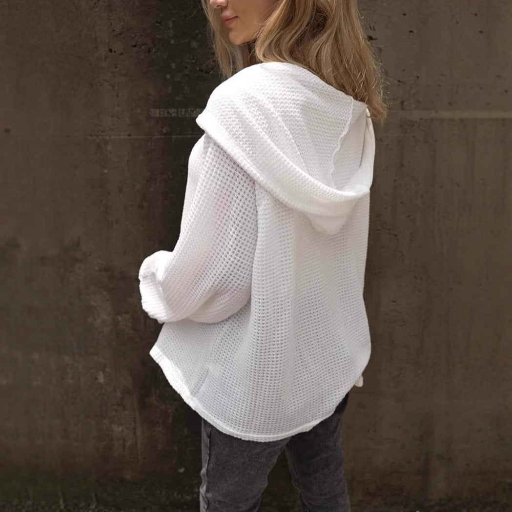 Solid Color Buttons Hoodie With Drawstrings V-neck Casual Loose Long Sleeve Sweatershirt