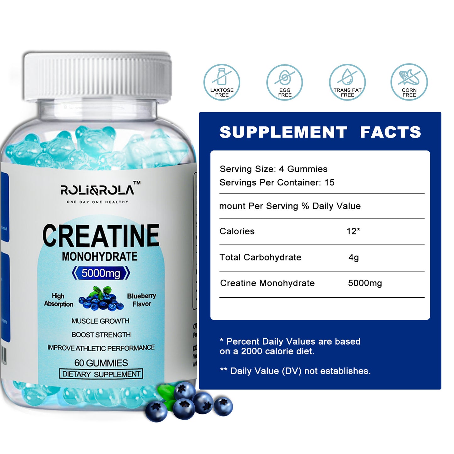 High Strength Creatine Monohydrate Gummies, Blueberry Flavored Creatine Gummies Monohydrate - 60 Gummies X 2 Bottles - PryTheory