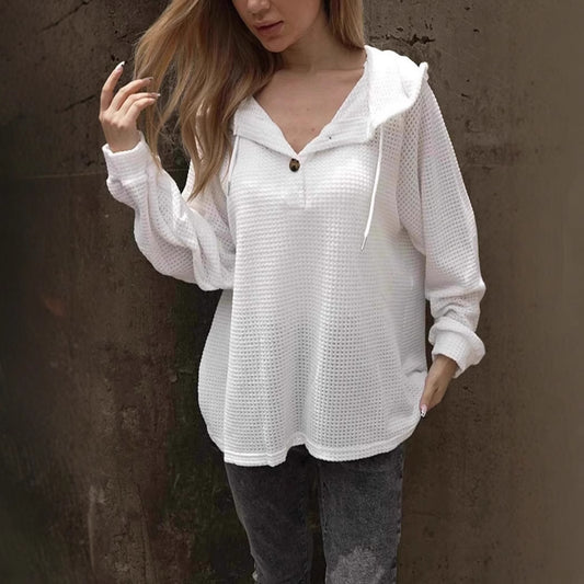Solid Color Buttons Hoodie With Drawstrings V-neck Casual Loose Long Sleeve Sweatershirt