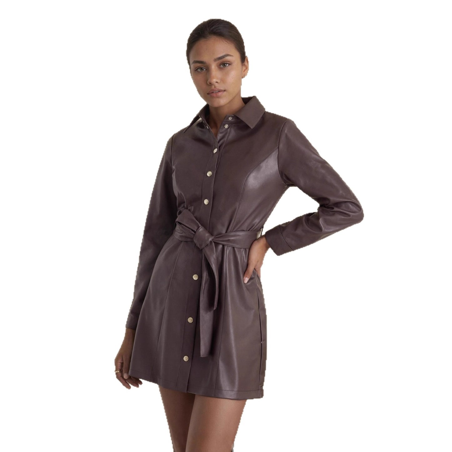 Belted Long-sleeve Leather Trench Fashionable Women's Coat