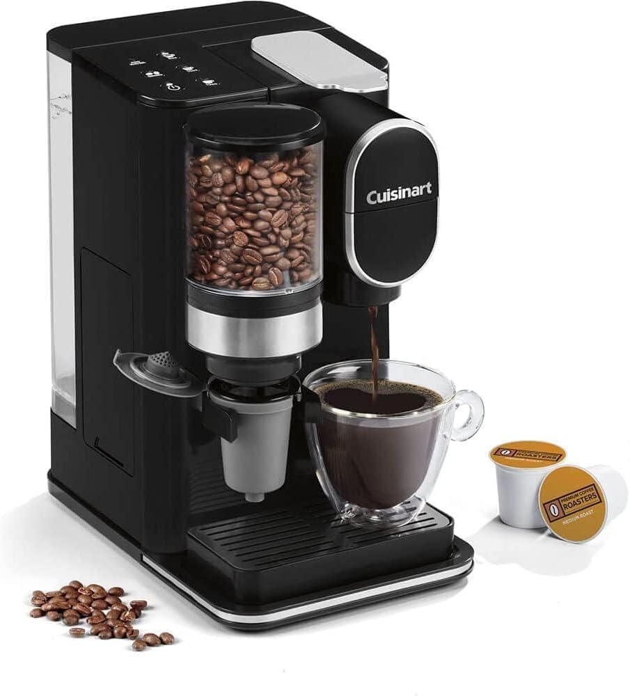 •Cuisinart Single-Serve Coffee Maker + Coffee Grinder with 8, 10, and 12 oz. Serving Size, Compatible with Single-Cup Pods, 48-Ounce Removable Reservoir, Stainless Steel, DGB-2SS