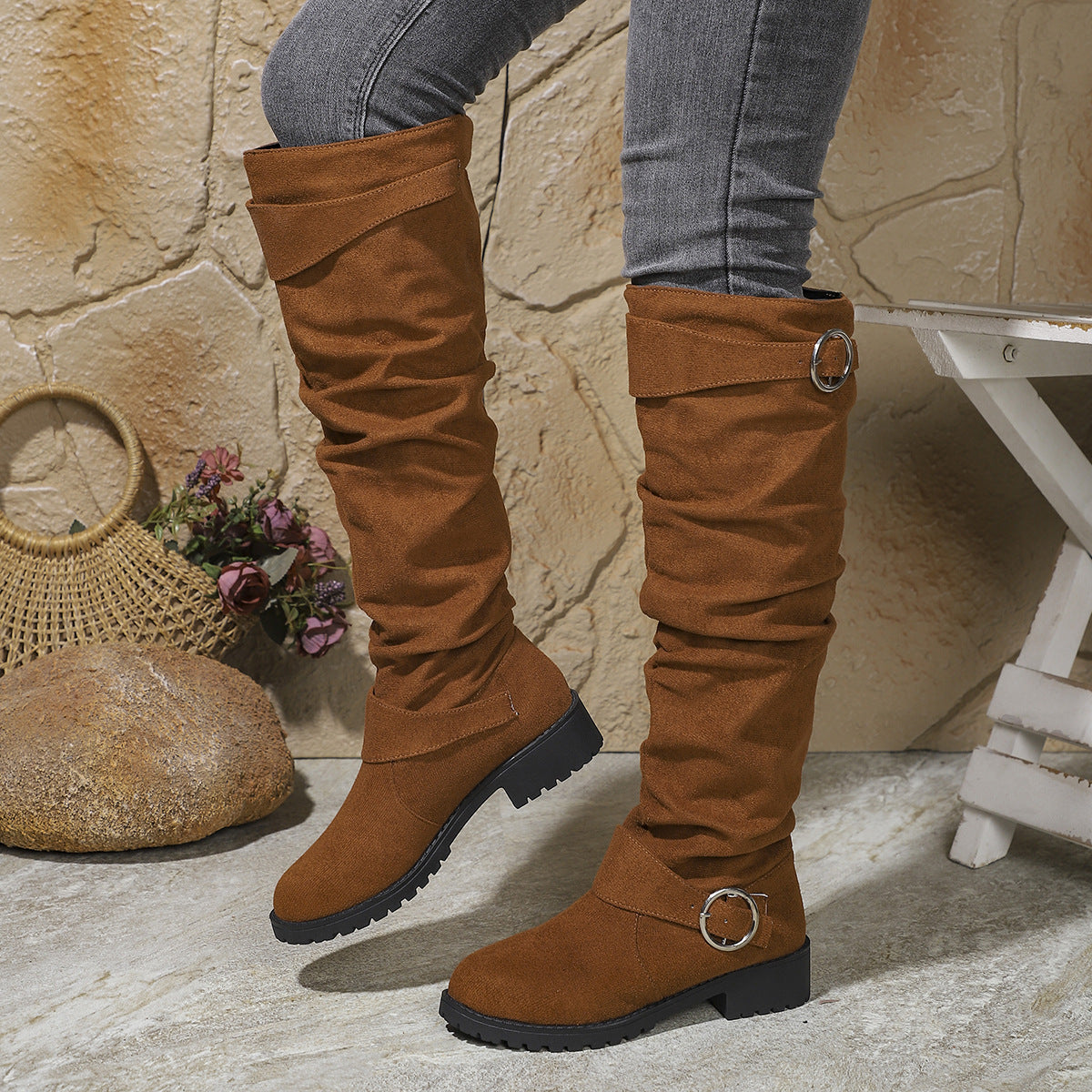 Winter Pleated Buckle High-top Large Size Riding Boots