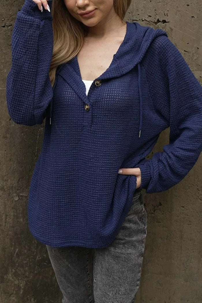 Solid Color Buttons Hoodie With Drawstrings V-neck Casual Loose Long Sleeve Sweatershirt