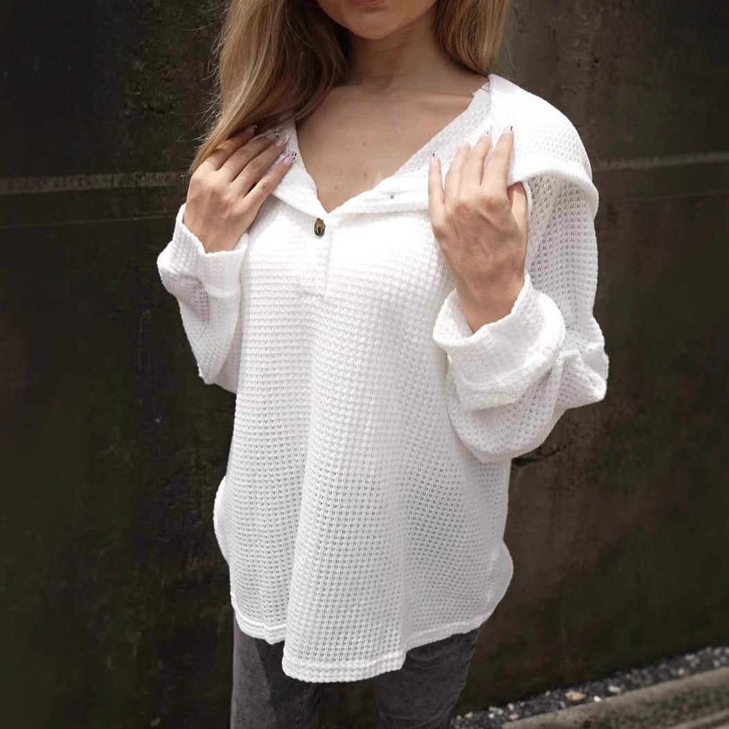 Solid Color Buttons Hoodie With Drawstrings V-neck Casual Loose Long Sleeve Sweatershirt