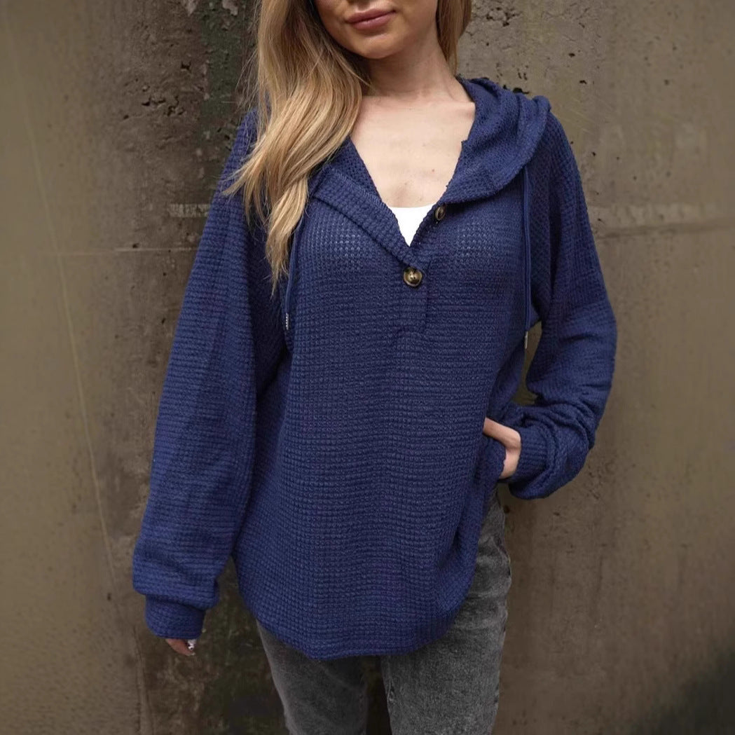 Solid Color Buttons Hoodie With Drawstrings V-neck Casual Loose Long Sleeve Sweatershirt