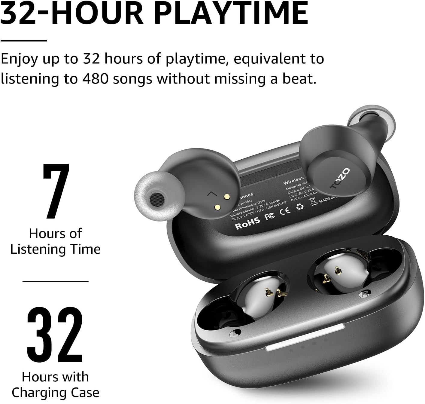 TOZO A1 Wireless Earbuds Bluetooth 5.3 Light Weight in Ear IPX5 Waterproof Headphones 2 Mic for AI Calls, Immersive Premium Sound Bass Headset with Charging Case, 32 Presets EQ Customization via App
