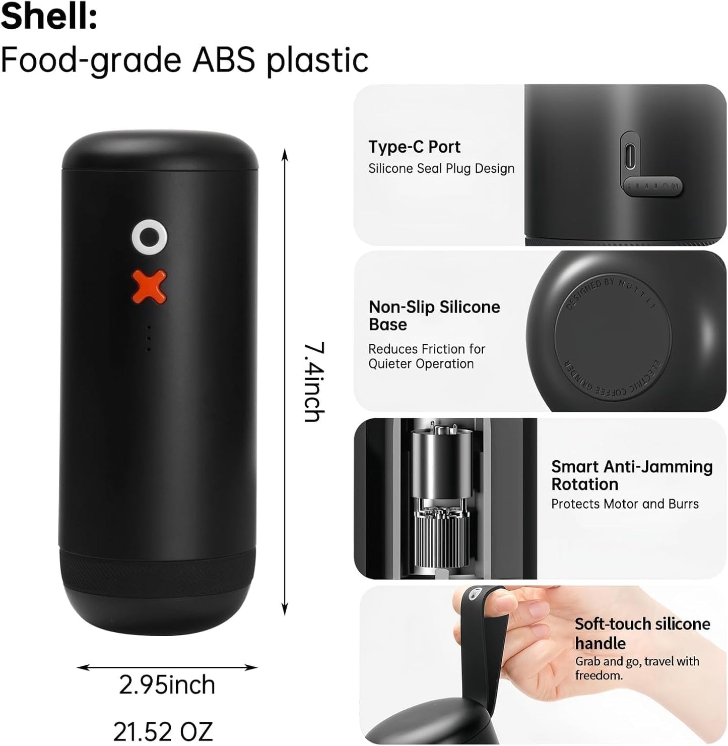 •Nuttii Burr Coffee Grinder – Electric, Portable, Small, Quiet Adjustable Conical Burr Coffee Bean Mill, 20 Grind Settings for Espresso, Pour-Over, French Press Moka, for Home Travel Use (Matte Black)